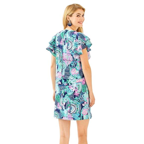 Lilly Pulitzer Kathie Flutter Sleeve Mini Dress Lookin Sharp Blue Print 6 - Picture 5 of 11